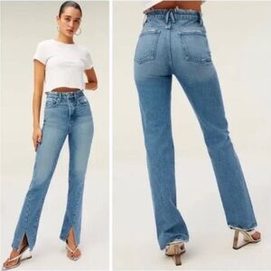 Good American - Good Boy Long Twisted Slit blue straight leg jeans - Button fly